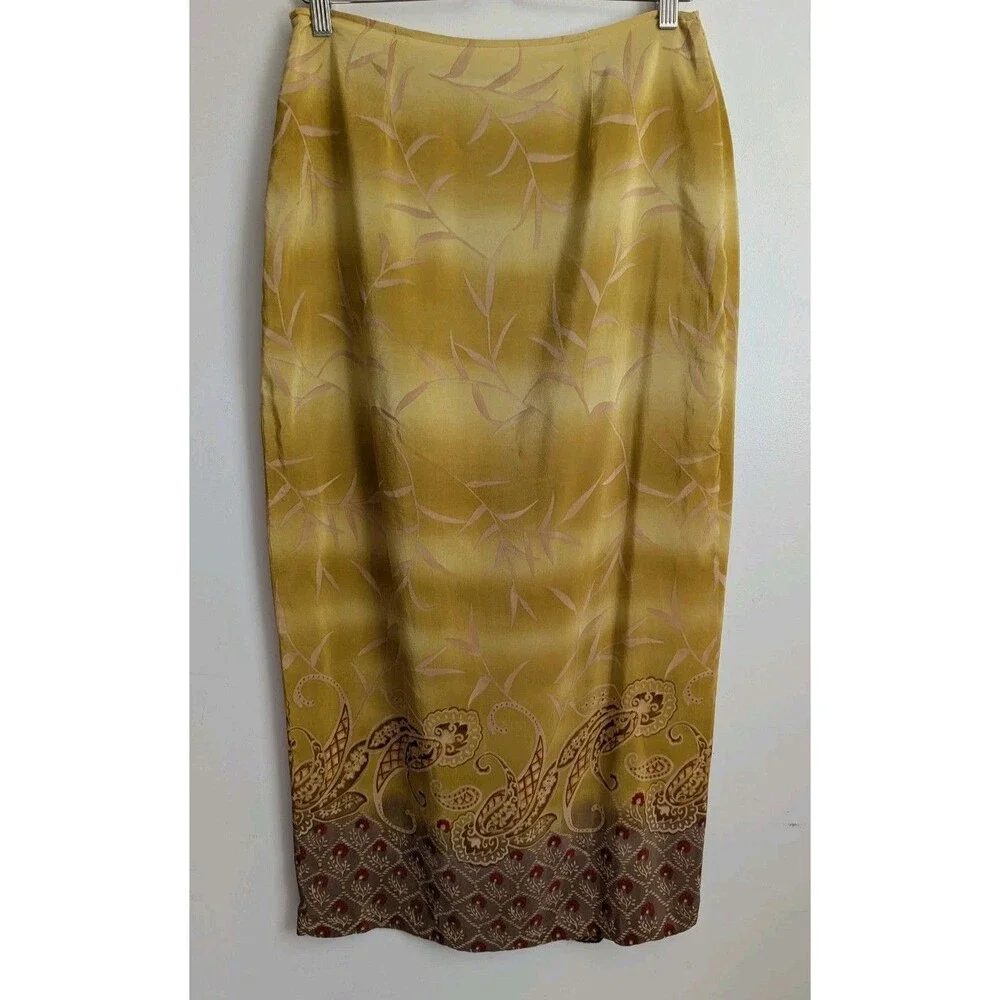 Y2K 90s Silk Wrap Maxi Skirt Mustard Gold Paisley Border Print Tagged 10